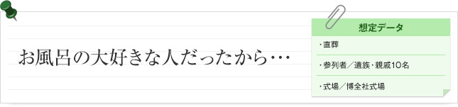 お風呂の大好きな人だったから･･･ 想定データ 直葬 参列者/ 遺族・親戚10名 式場/博全社式場